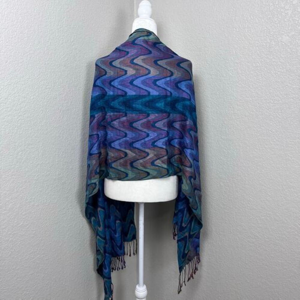 Joy Susan Sheer Scarf Colorful Blue Purple Artsy Fringe Boho Wrap Pashmina